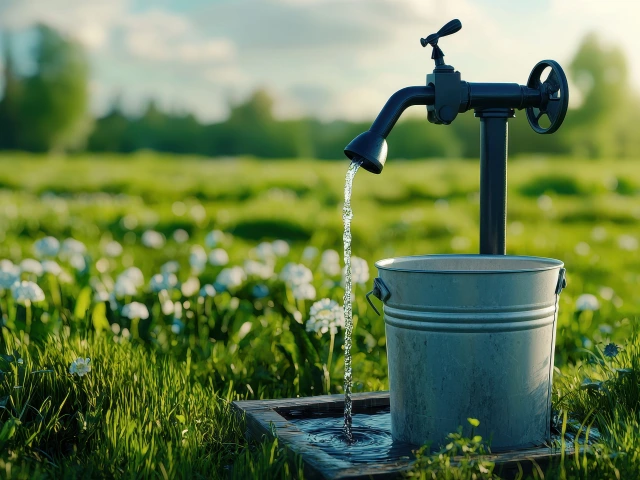 Water Pump and Bucket in Rural Green Field